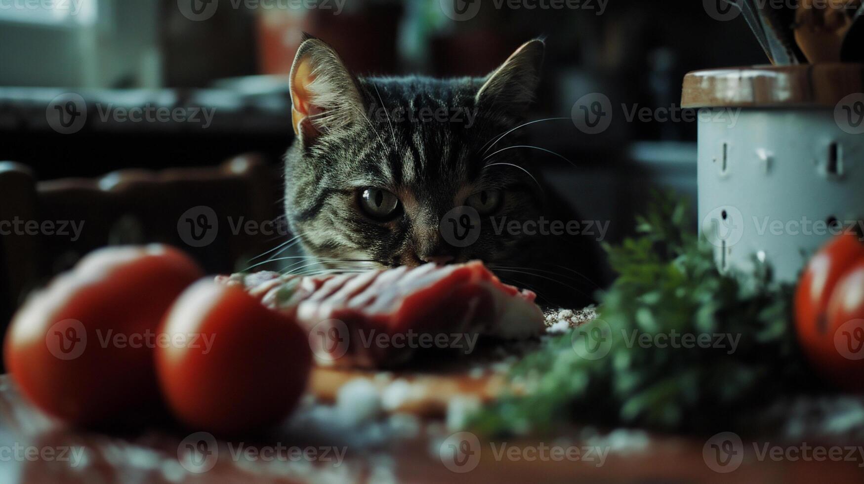 ai generado Doméstico gato comiendo carne en el cocina. selectivo enfocar. foto