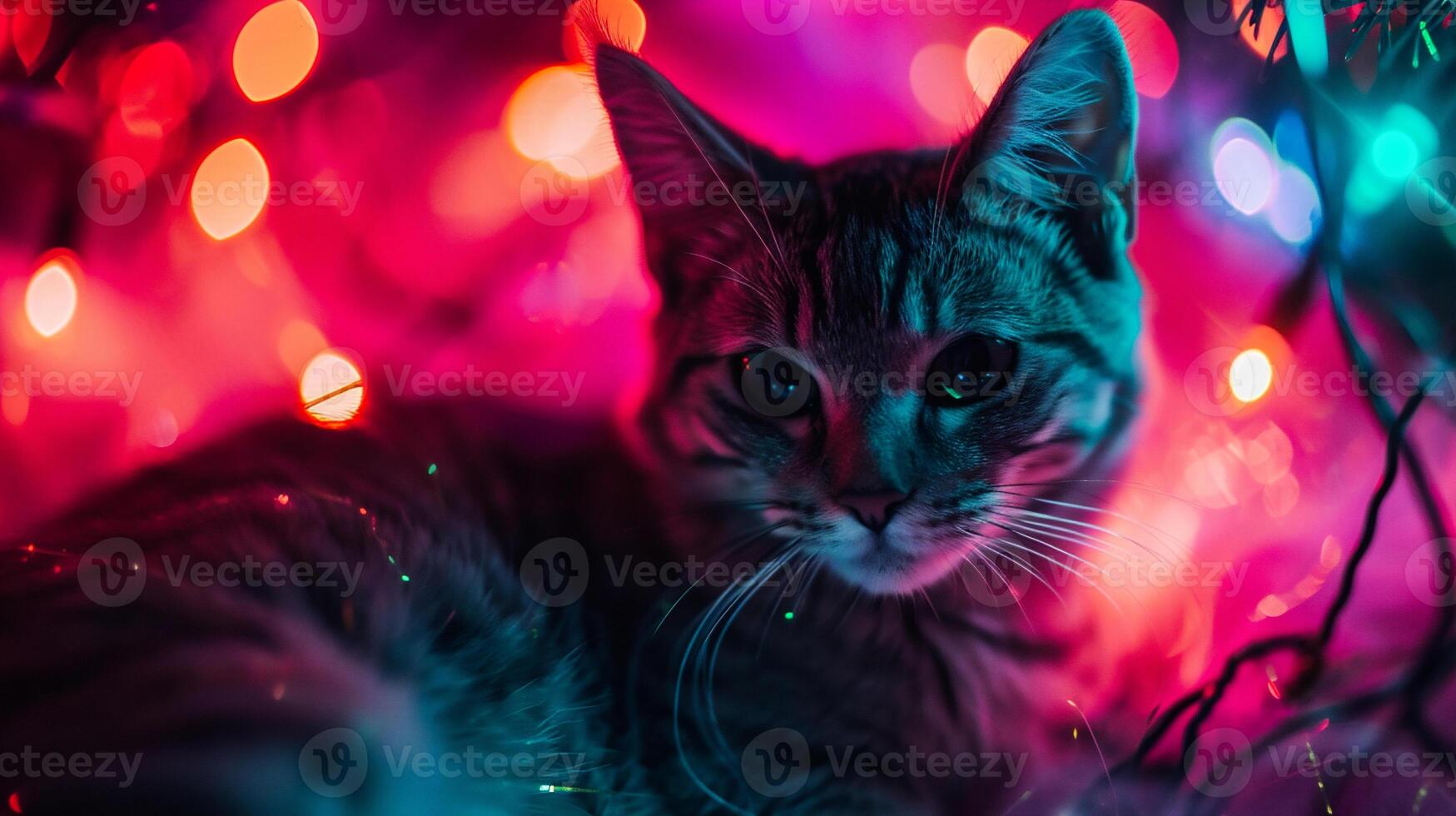 AI generated Cute tabby cat with Christmas lights on background photo