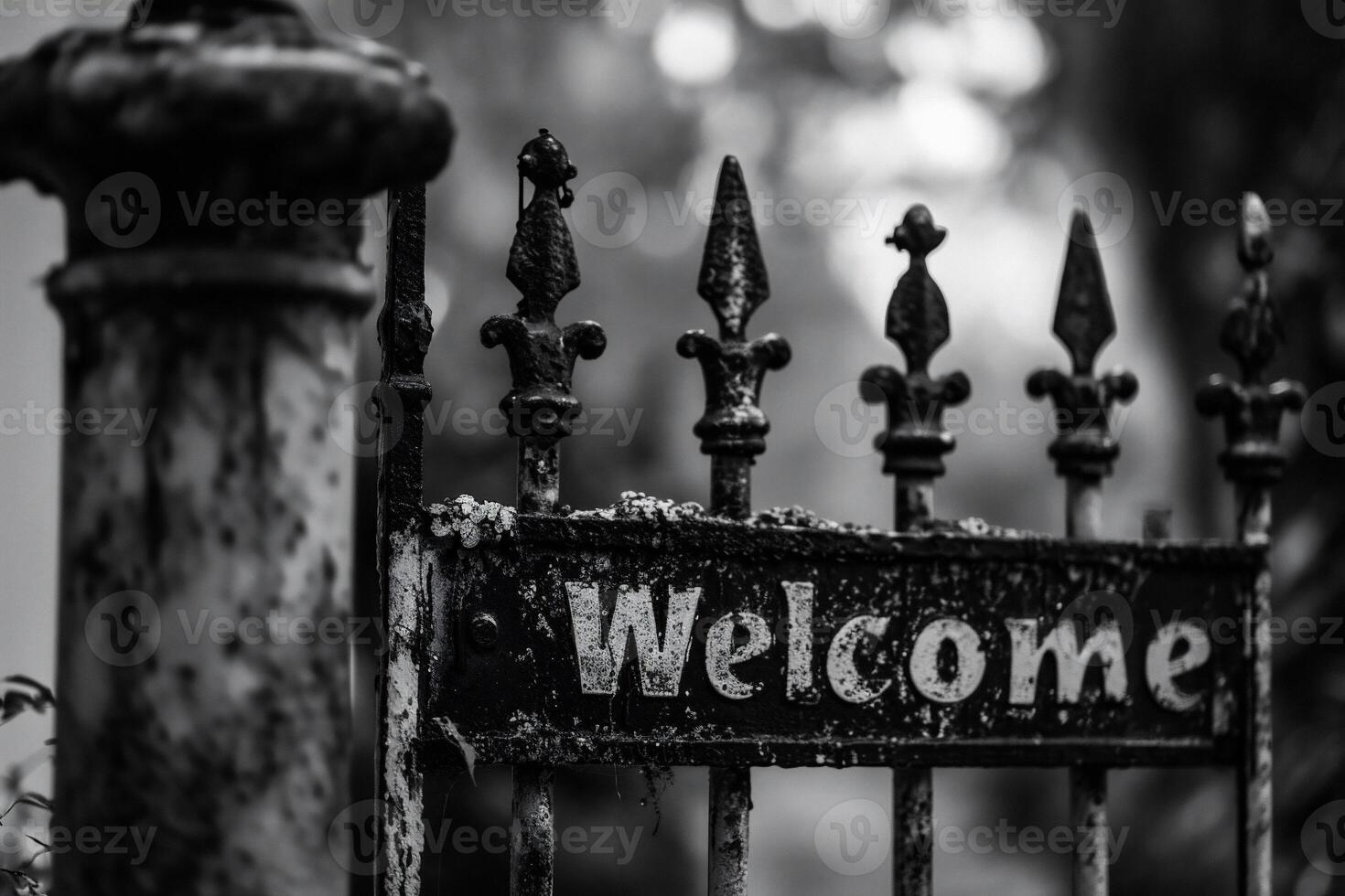 ai generado negro y blanco foto de un metal portón con el palabra Bienvenido.
