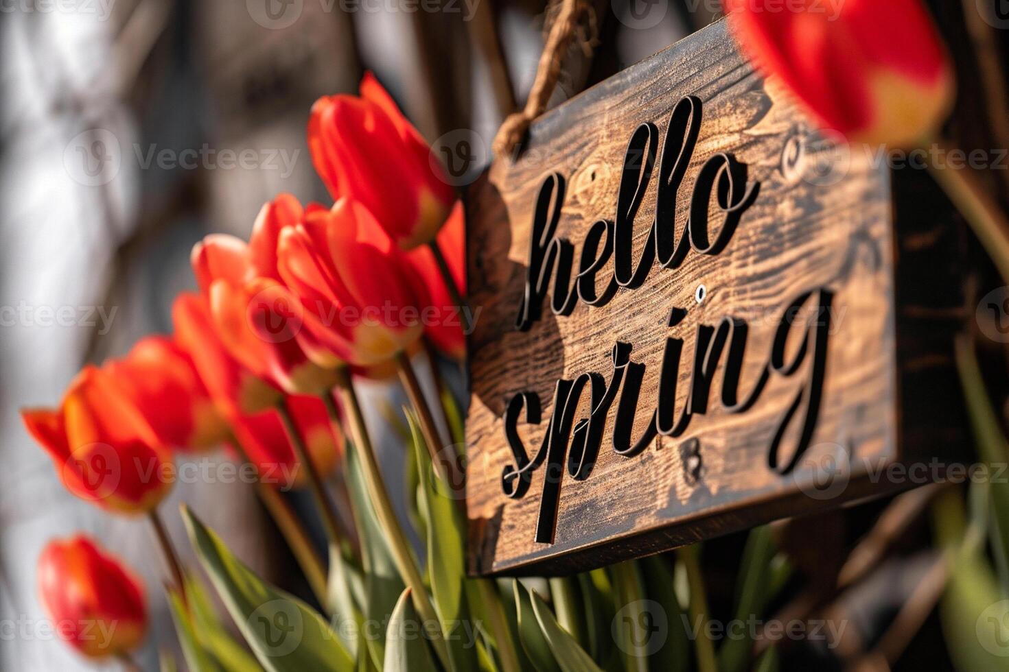 AI generated Hello Spring sign with red tulips in front of a wooden door photo