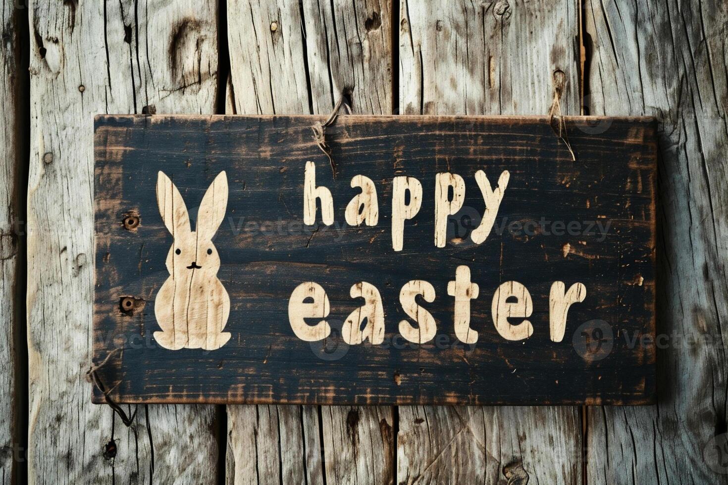 AI generated Happy easter sign on old wooden background. Easter greeting card. photo