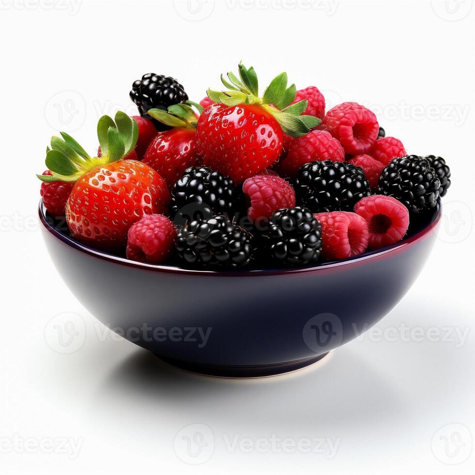 AI generated Blackberry, raspberry and blueberry in bowl isolated on white background photo