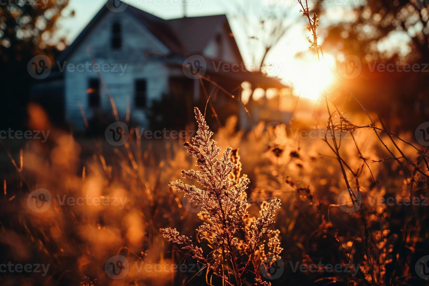 AI generated Beautiful sunset on the field with grass and old house in the background photo