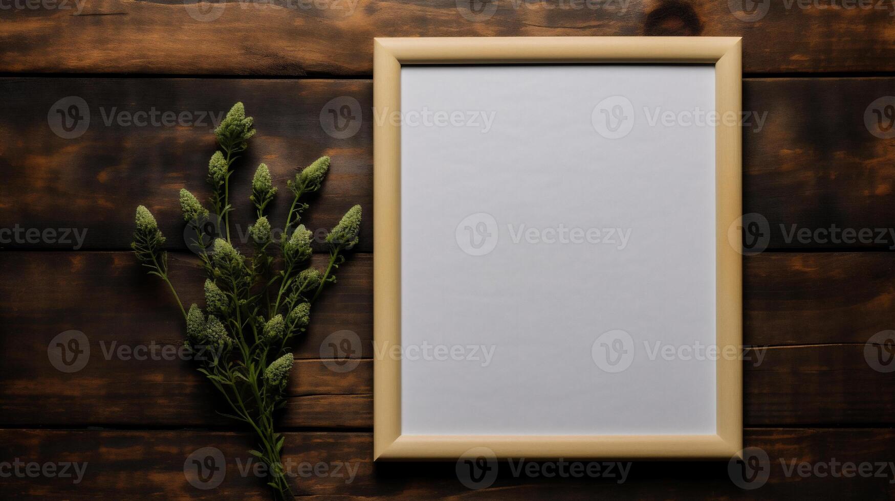 AI generated Blank card with red flowers on wooden background. Mock up. photo