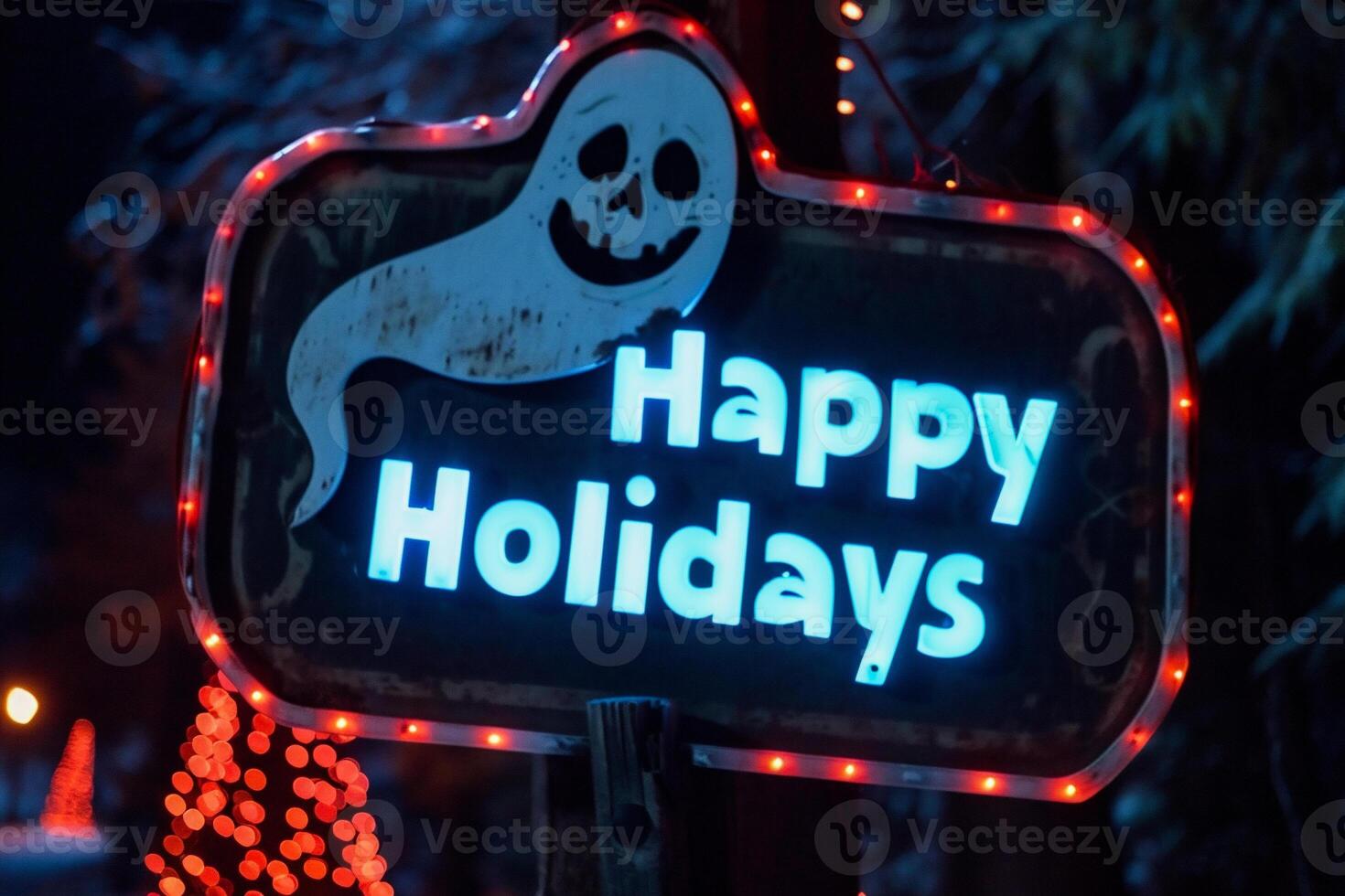 AI generated Happy Holidays sign with a skull on the background of Christmas trees photo