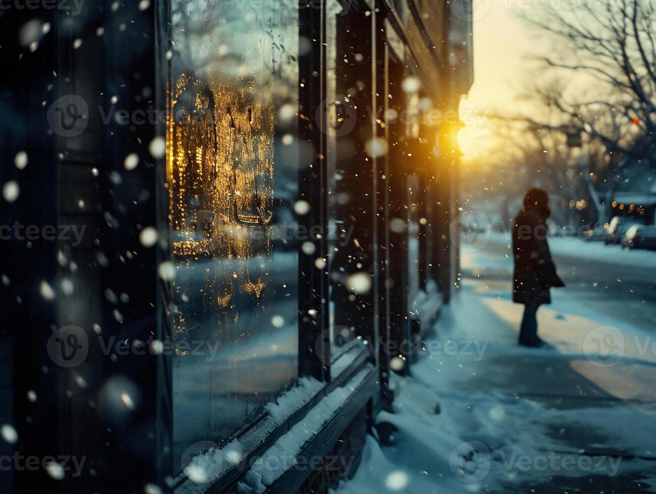 ai generado mujer caminando en el calle en invierno. nevada en el ciudad. foto