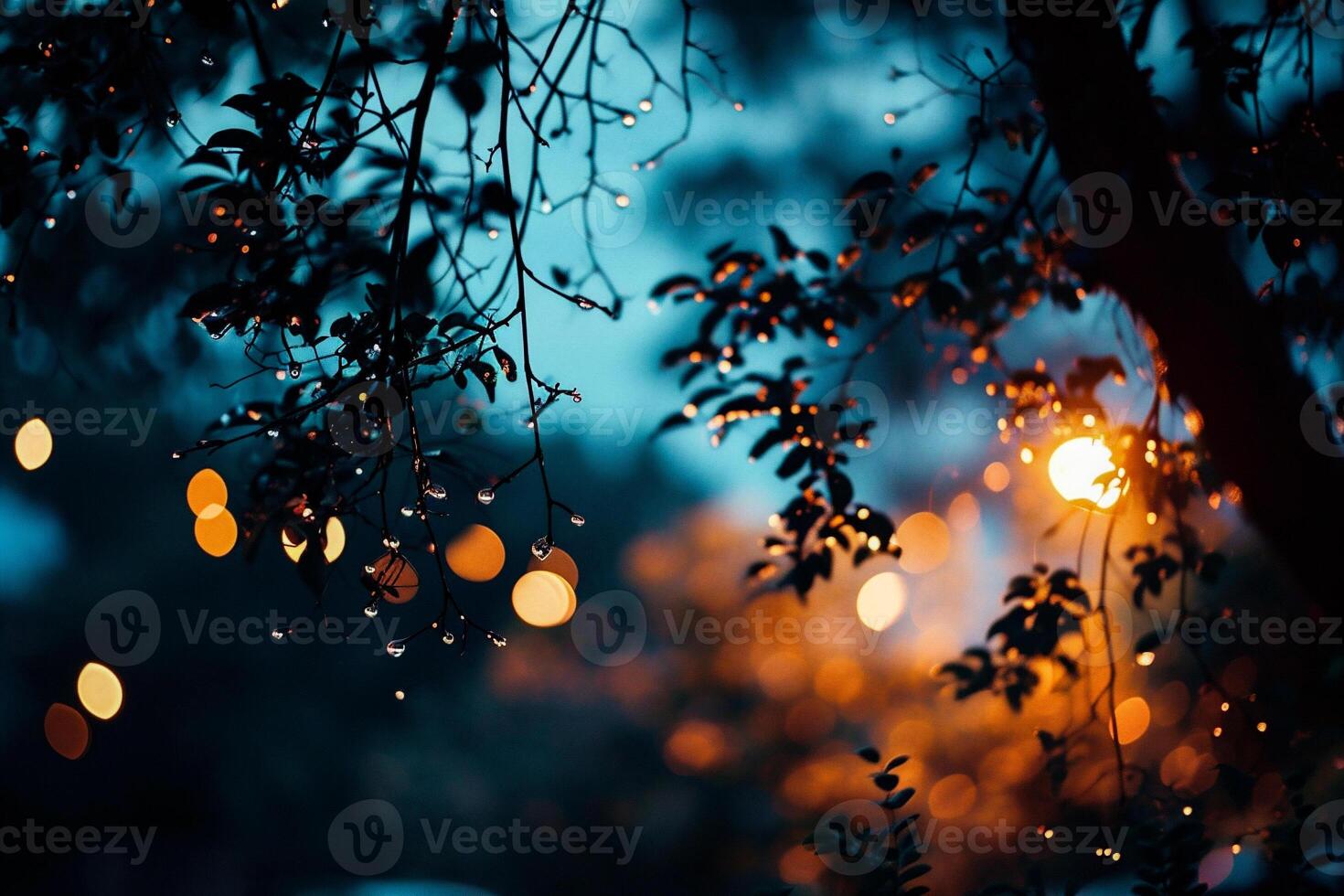 AI generated Night city park with lanterns and bokeh lights. Abstract background photo