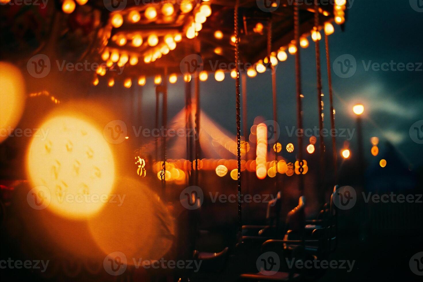 AI generated Carousel in the evening. Bokeh effect. Carousel at night. photo