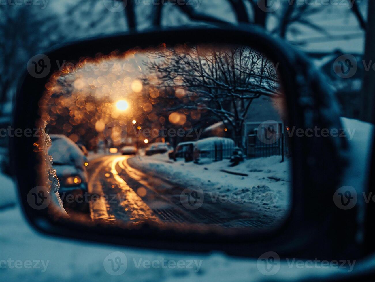 AI generated Reflection in the side mirror of a car on a winter road photo