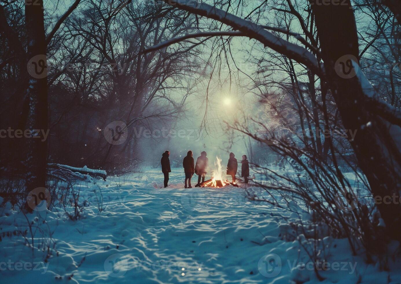 AI generated Group of people standing near the bonfire in the winter forest. photo