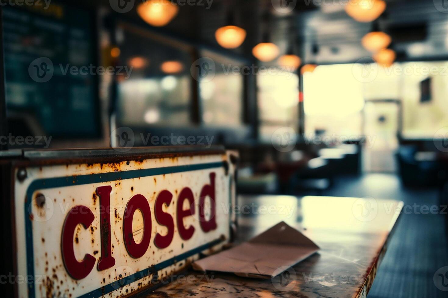 AI generated Closeup of closed sign on a coffee shop counter. Blurred background photo