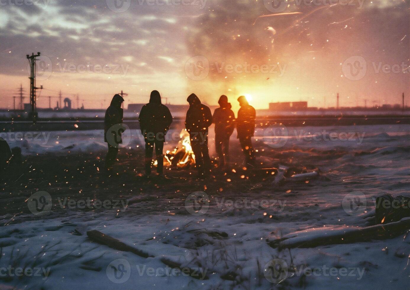 AI generated Group of people standing near the bonfire in the winter forest. photo