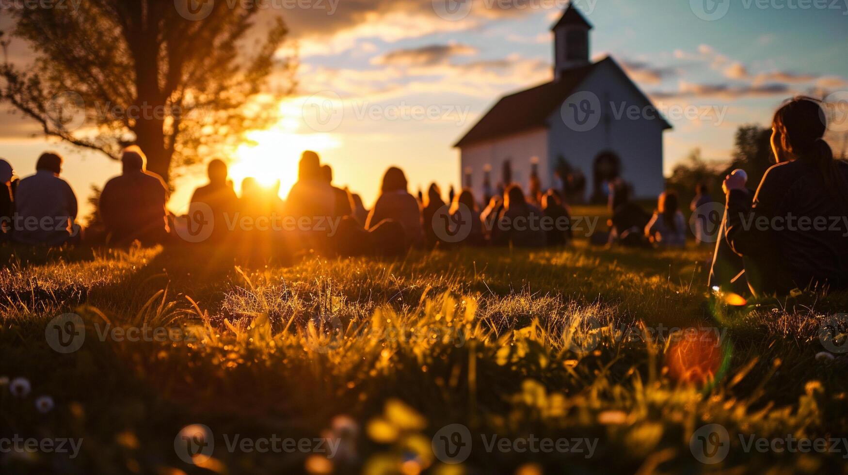 AI generated Silhouette of people sitting on the grass in front of the church at sunset photo
