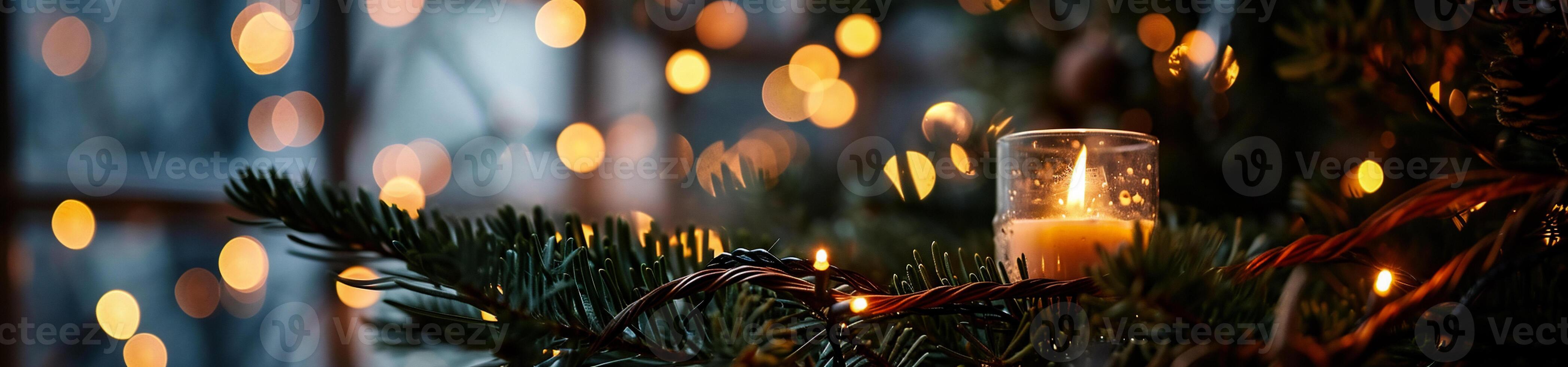 AI generated Christmas tree branches with glowing garland lights. New Year and Christmas background photo