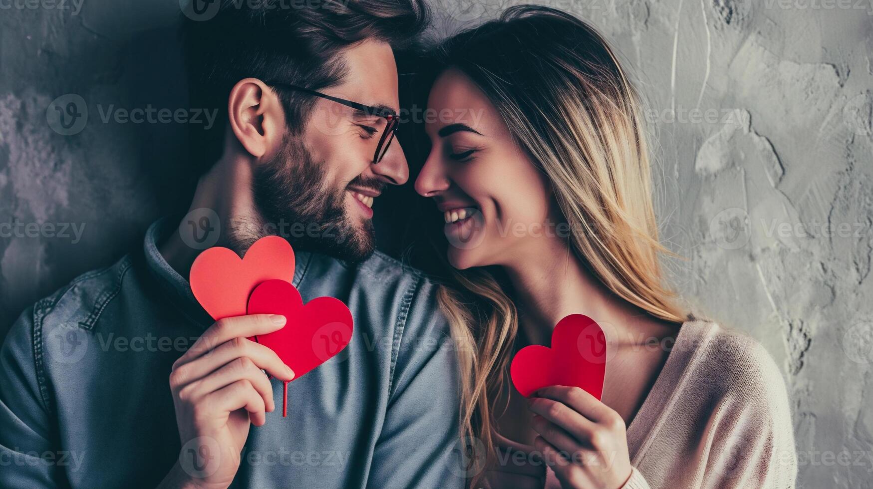 AI generated Cute young couple is holding red paper hearts, looking at camera and smiling while standing against grey background photo