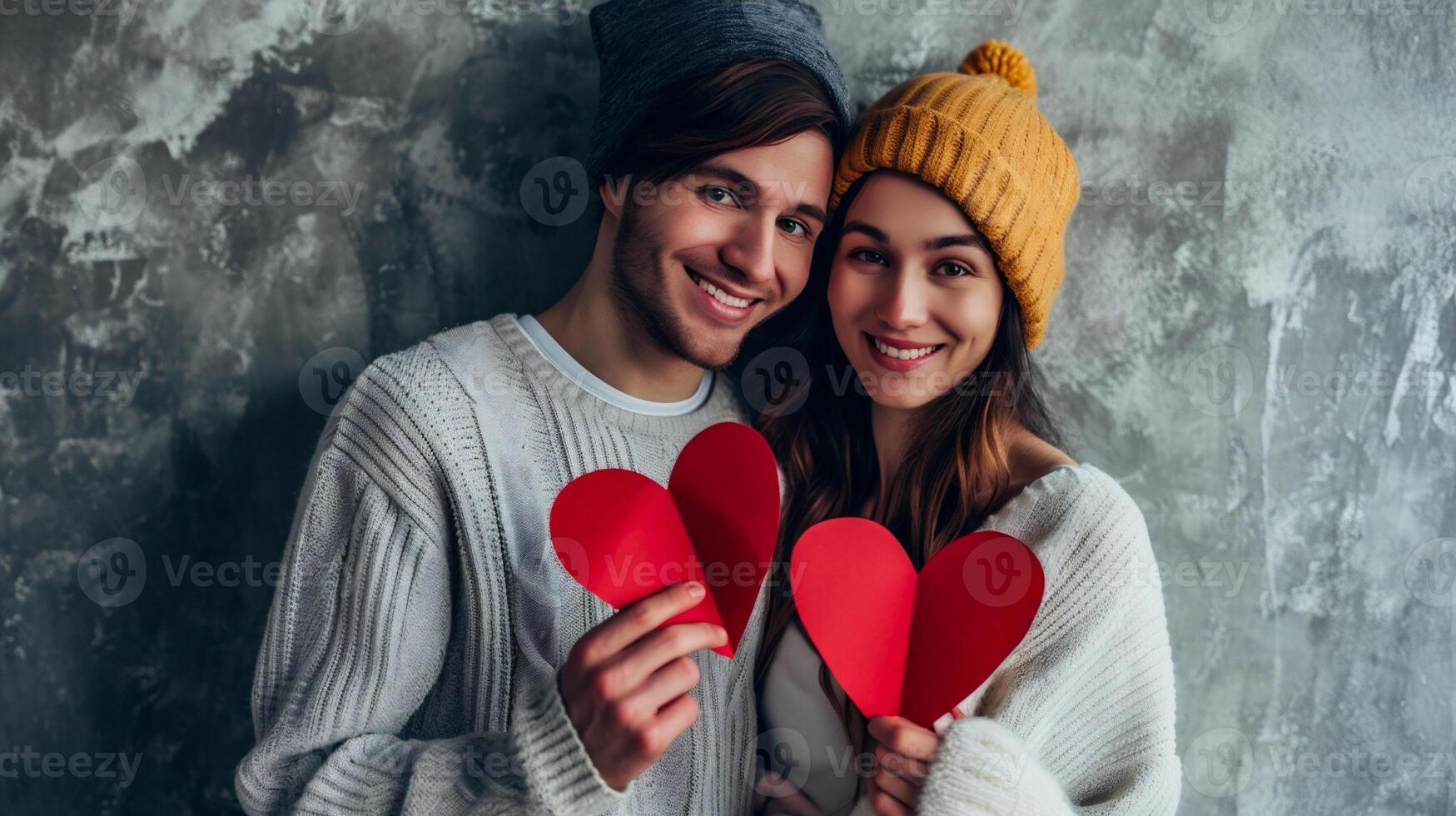 ai generado linda joven Pareja es participación rojo papel corazones, mirando a cámara y sonriente mientras en pie en contra gris antecedentes foto