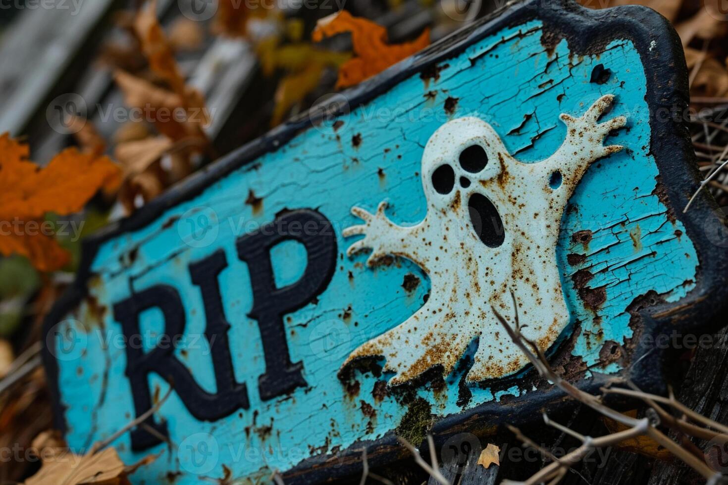 AI generated Halloween spooky sign with skull and ghost on old wooden background photo