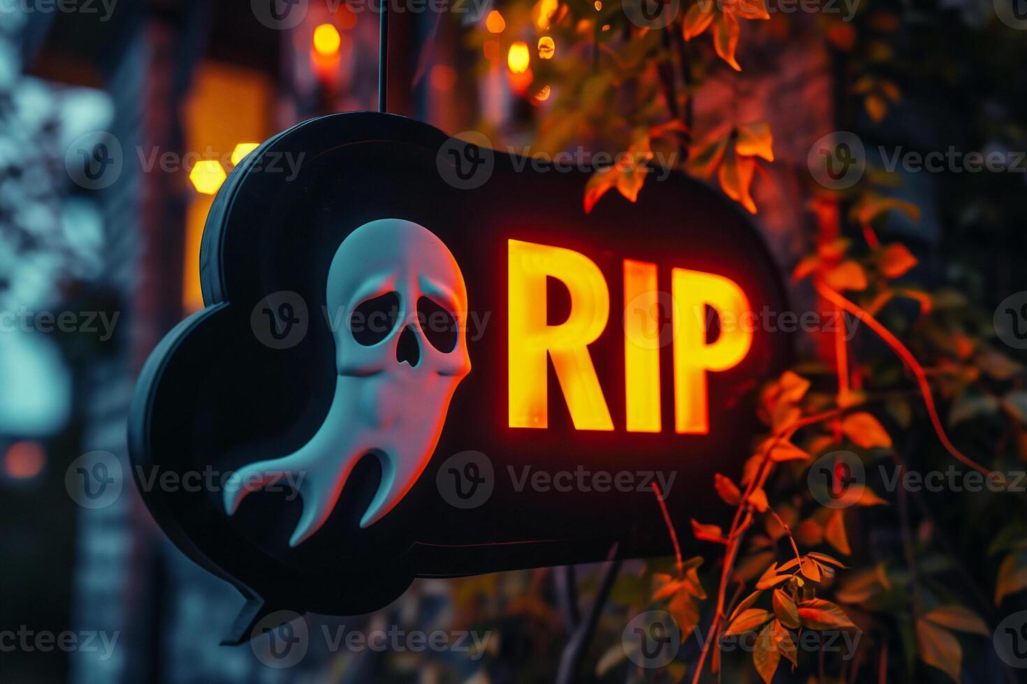 AI generated Halloween sign on a wooden pole in front of an abandoned house photo