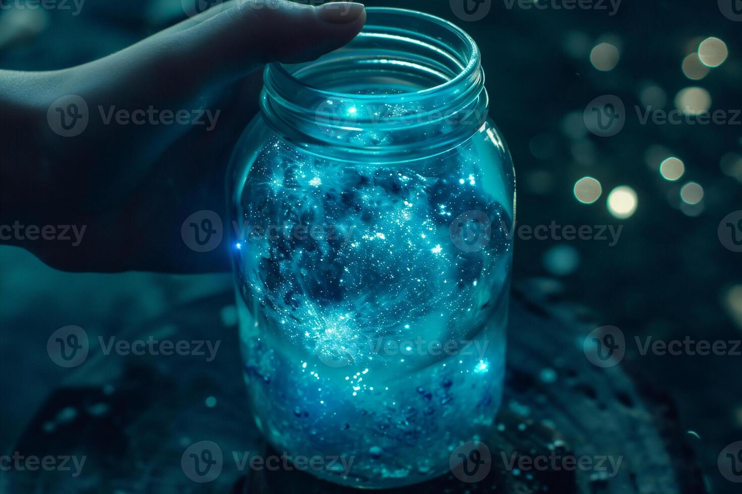 AI generated Moon in a glass jar with bokeh lights on background. photo