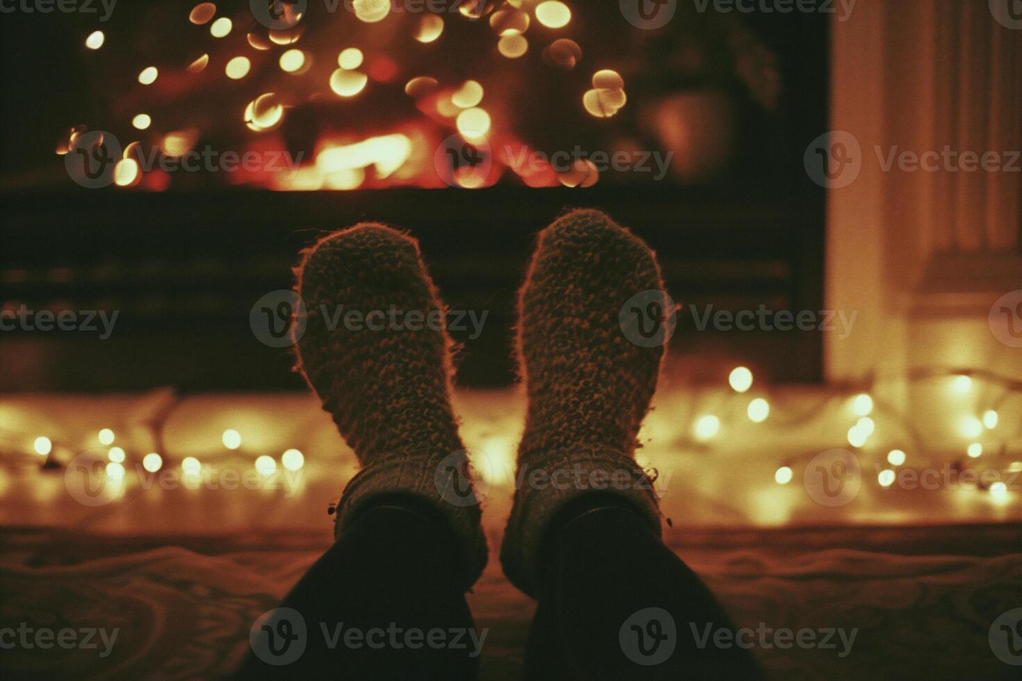 AI generated Feet in woolen socks on the floor by the fireplace. photo