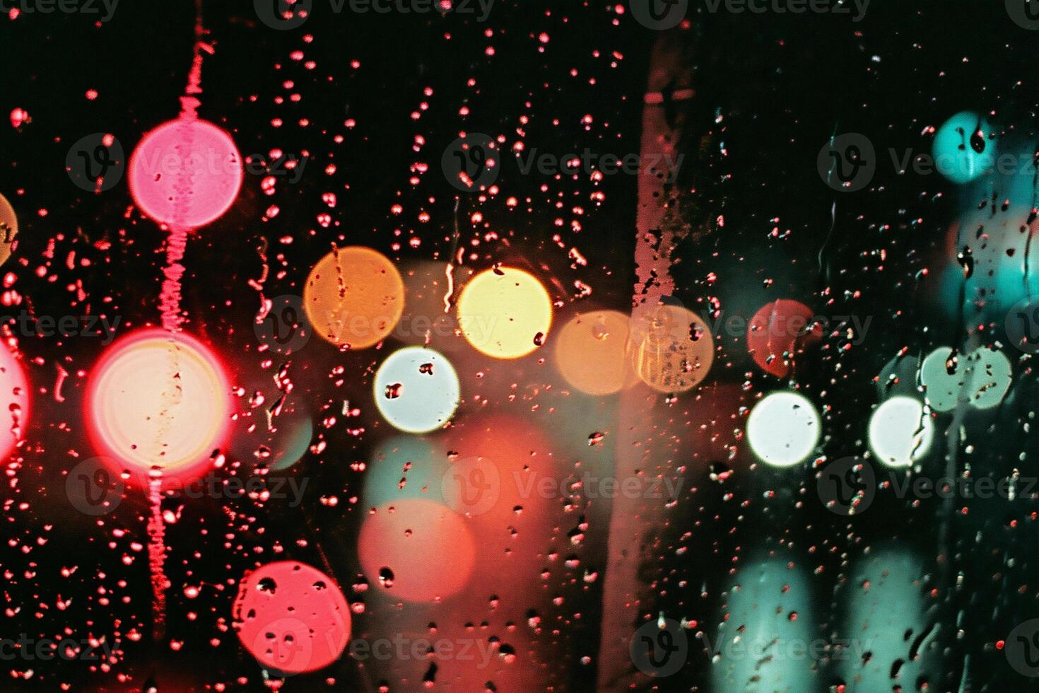 AI generated Raindrops on the window with colorful bokeh. Abstract background. photo