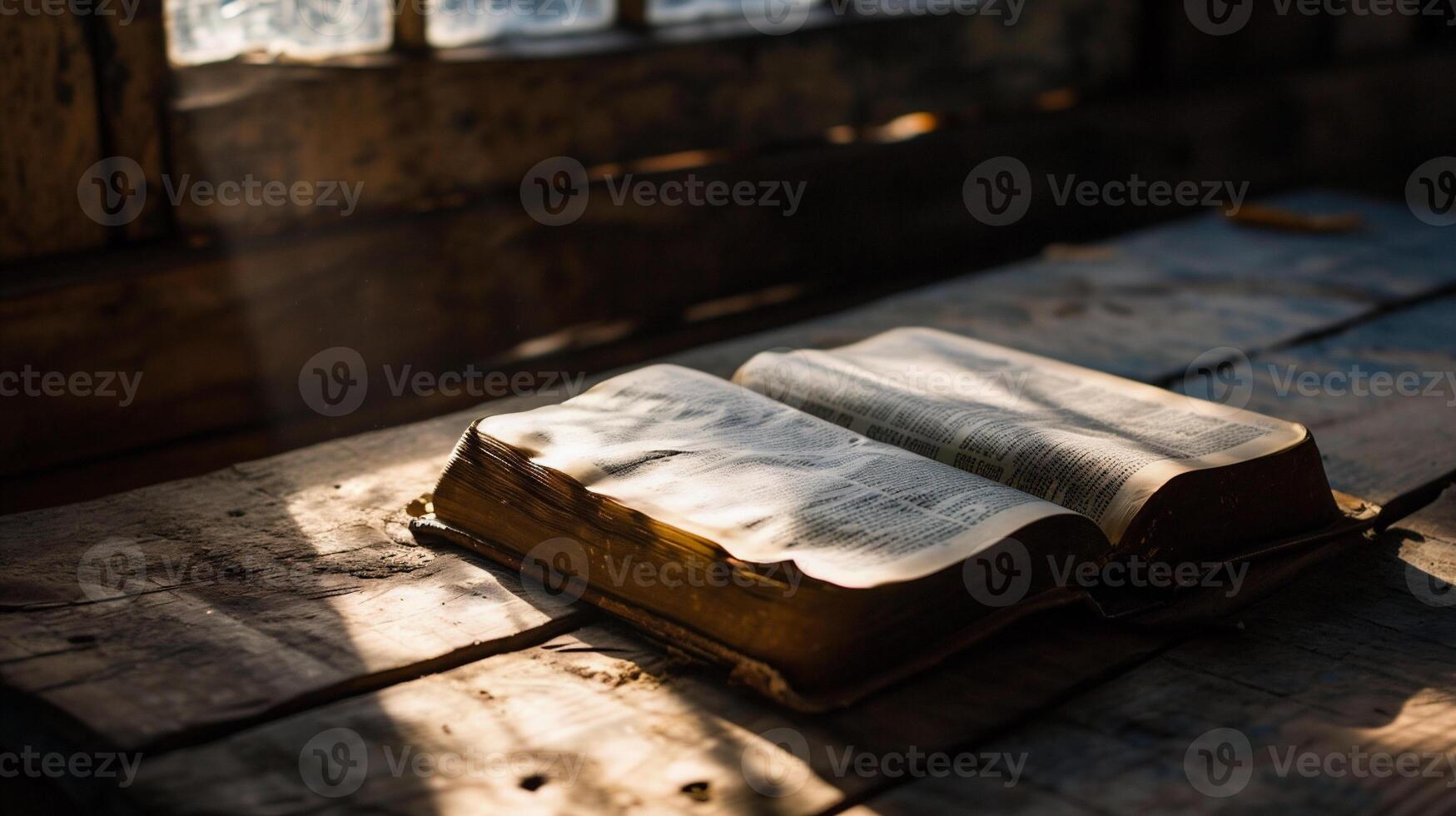 AI generated Old holy bible on a wooden table with sunlight in the background. photo