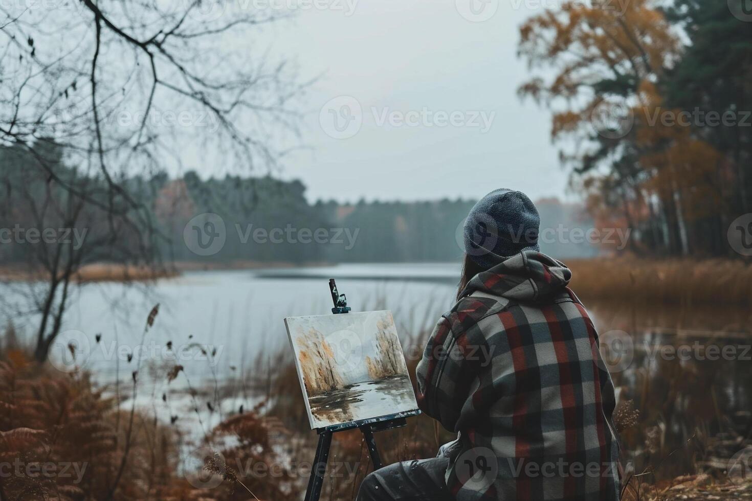 AI generated A young man in a plaid shirt and hat sits on the bank of a lake and paints a picture with oil paints. photo
