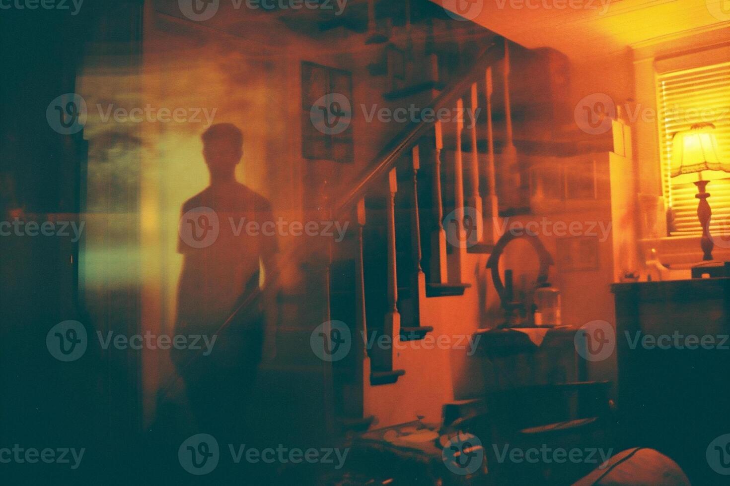 AI generated Blurred liminal background of Silhouette of a man standing in the kitchen at night. photo