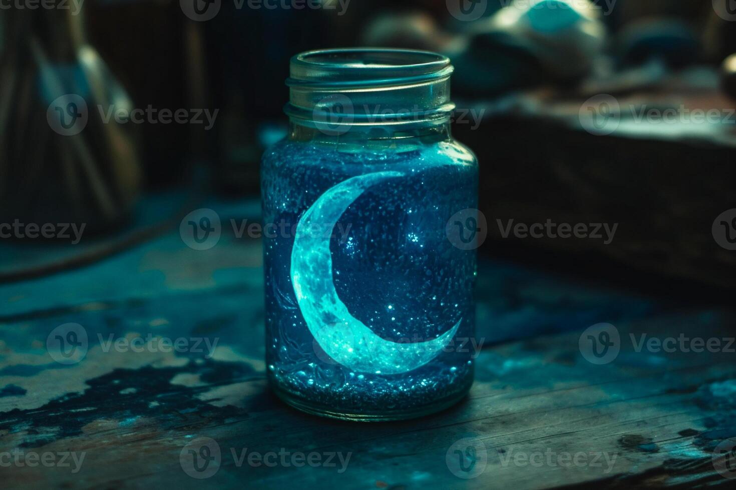 AI generated Moon in a glass jar with bokeh lights on background. photo