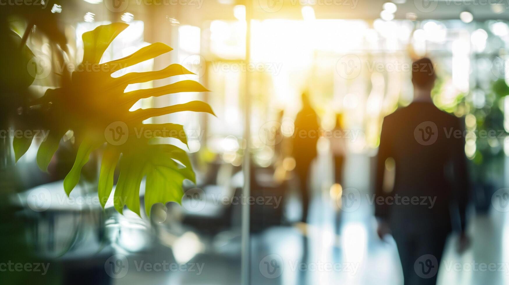 AI generated Blurred image of business people walking in modern office with sunlight. photo