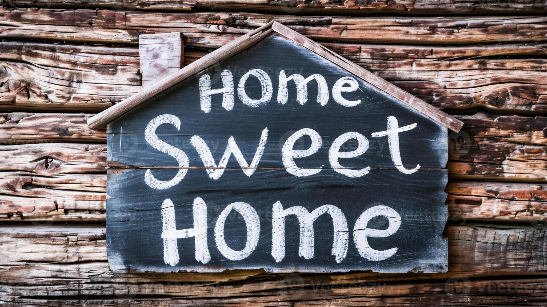 ai generado hogar dulce hogar escrito en un pizarra en un rústico de madera antecedentes foto