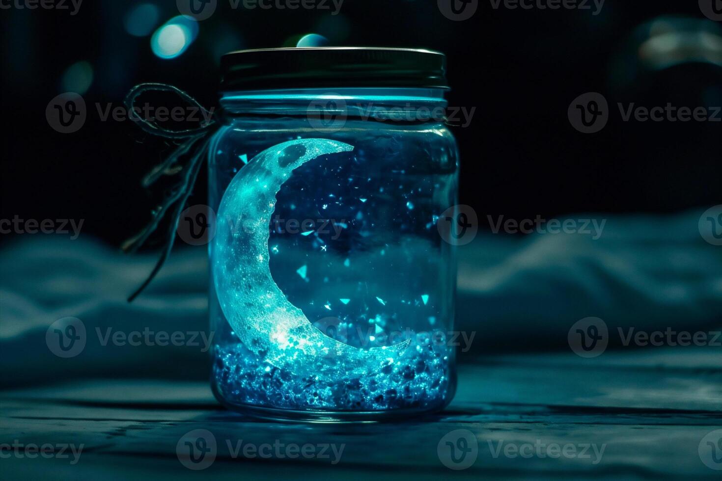 AI generated Moon in a glass jar with bokeh lights on background. photo