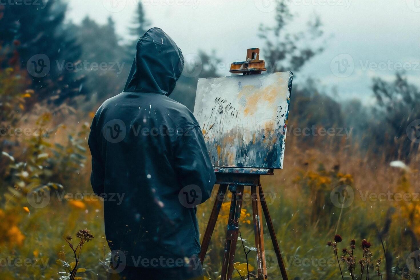 ai generado un hombre en un impermeable pinturas un imagen en un caballete en el otoño bosque. foto