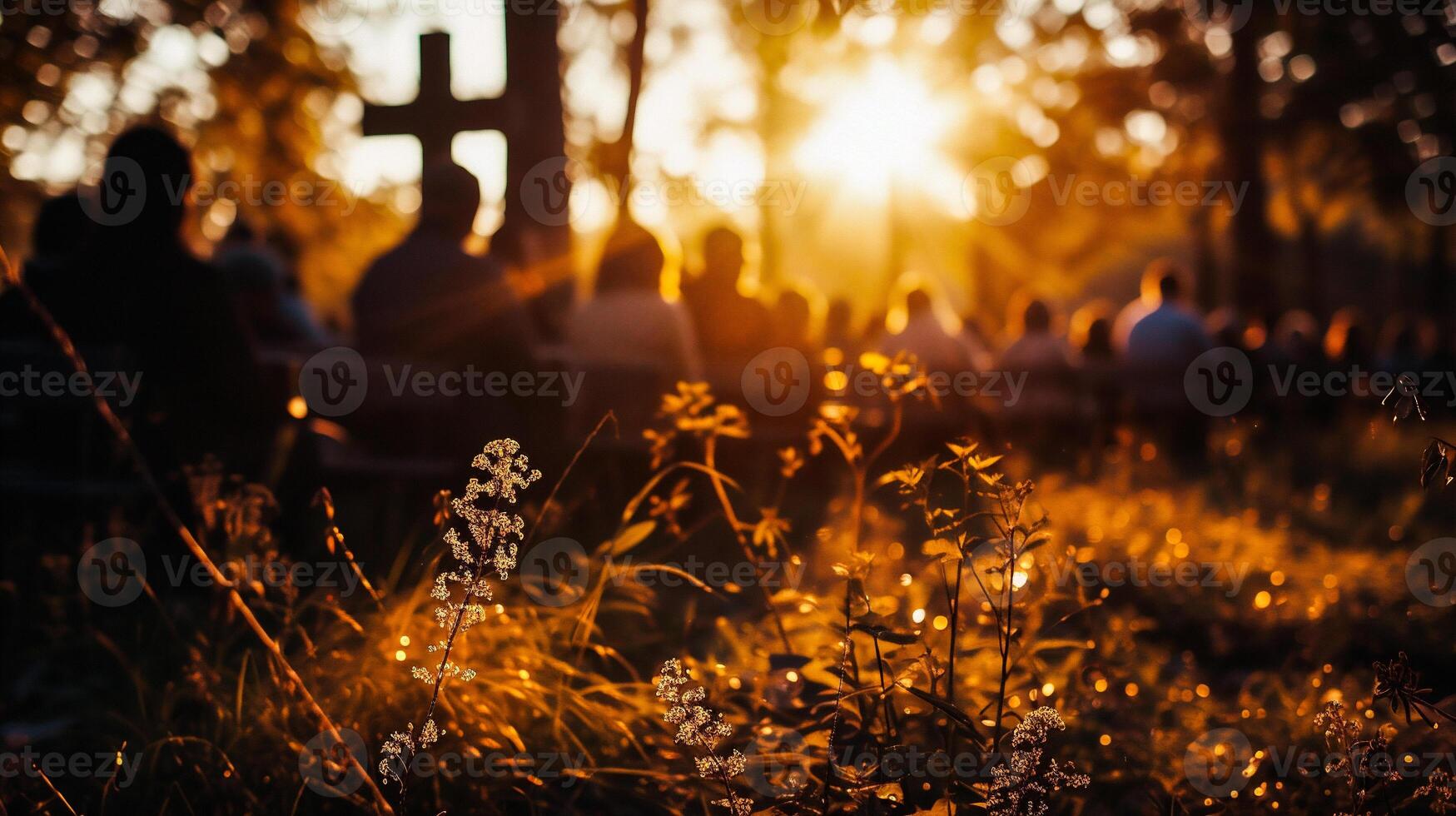 AI generated Silhouettes of people sitting in front of the cross at sunset photo