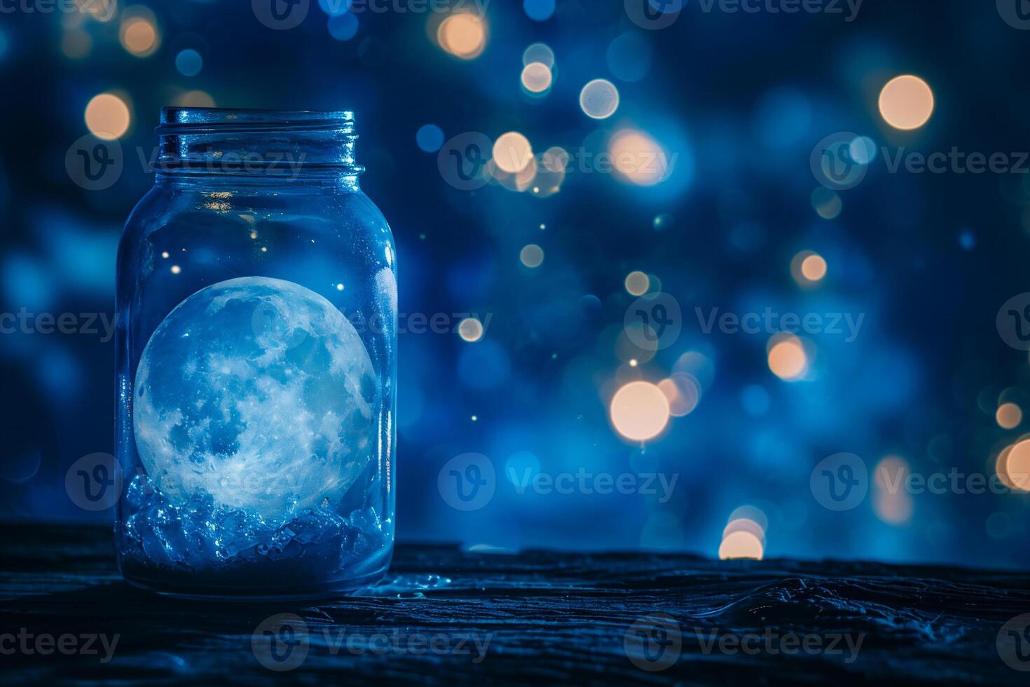 AI generated Moon in a glass jar with bokeh lights on background. photo