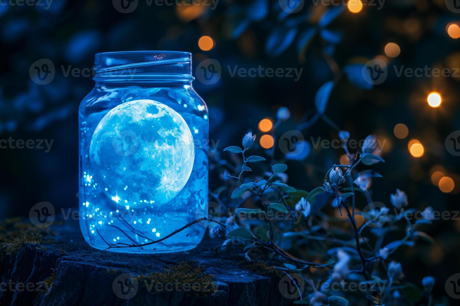 AI generated Moon in a glass jar with bokeh lights on background. photo