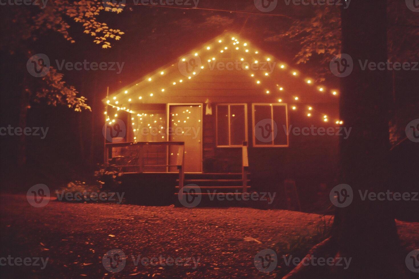 AI generated Wooden house in the forest at night with glowing garland. photo