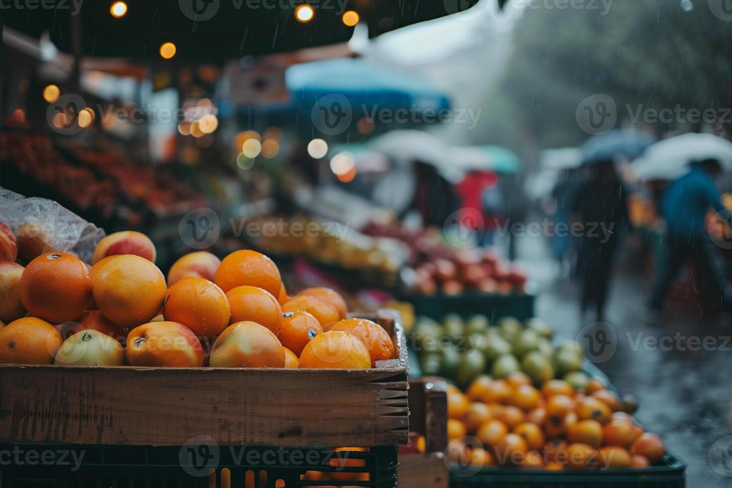 AI generated Fruits on the counter of a farmers market. Bokeh background photo