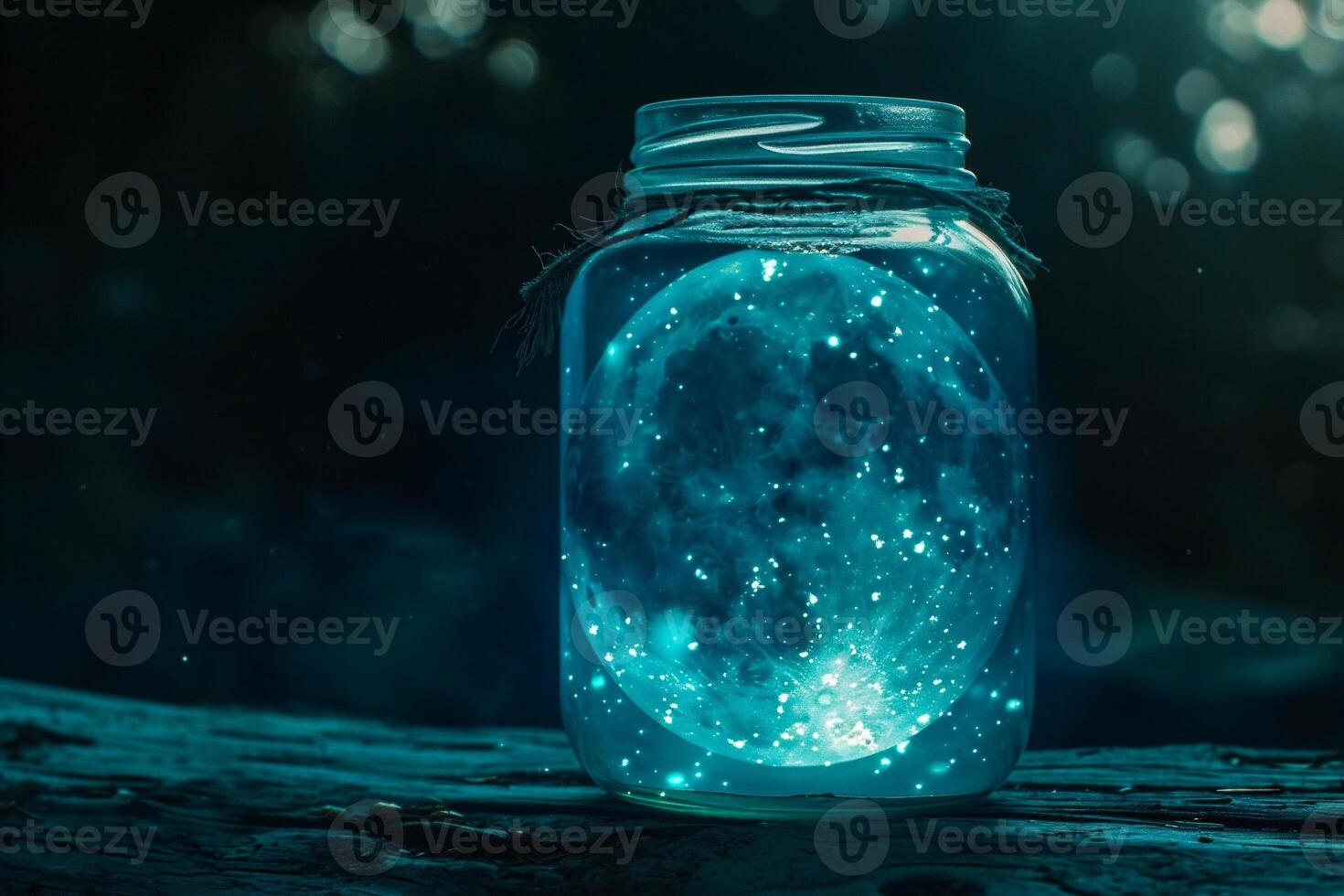 AI generated Moon in a glass jar with bokeh lights on background. photo