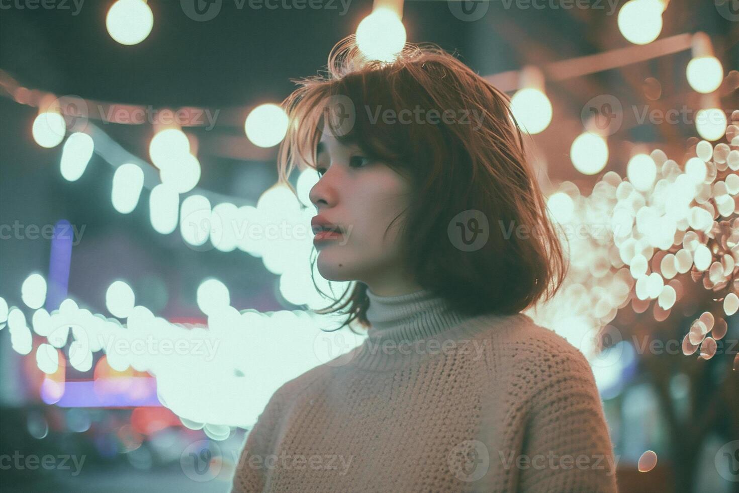 AI generated young beautiful hipster woman in the city at night, lifestyle people concept photo