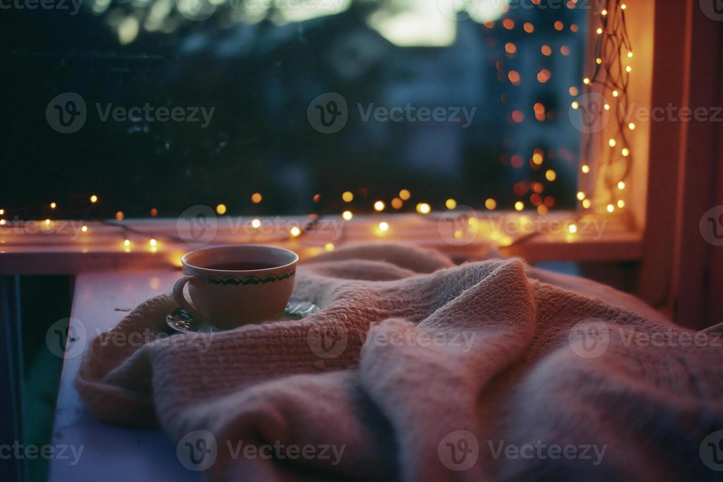 AI generated Cup of coffee wrapped in a warm knitted scarf on a wooden terrace in the evening photo