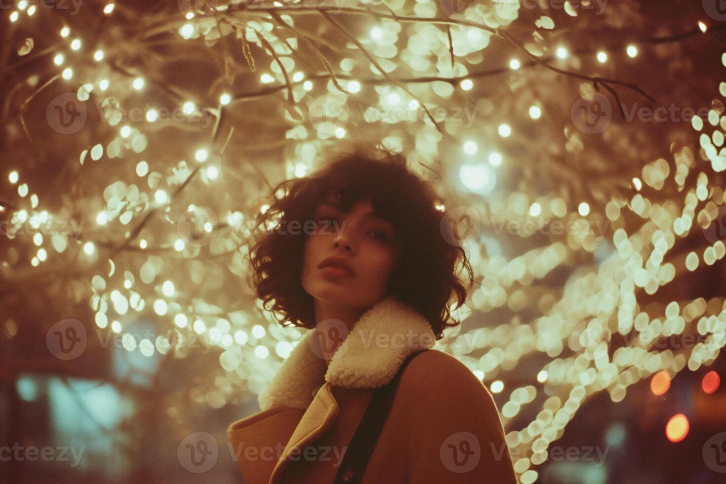 AI generated Beautiful young woman with curly black hair in a yellow coat on the background of Christmas tree lights photo