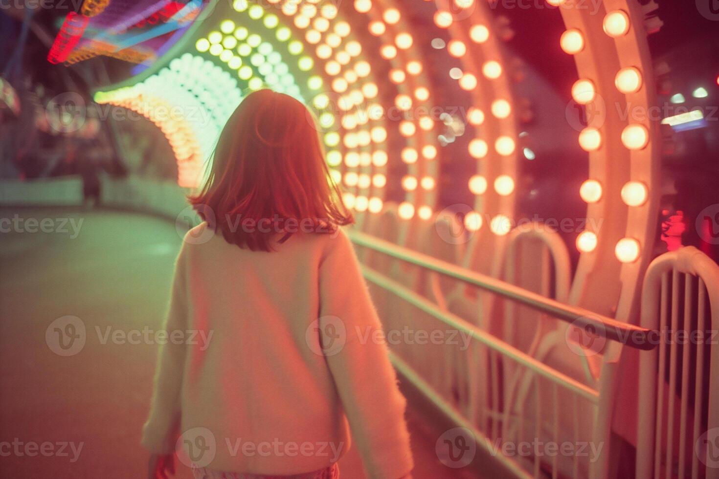 AI generated Back view of person on the background of night city. Blurred retro background photo