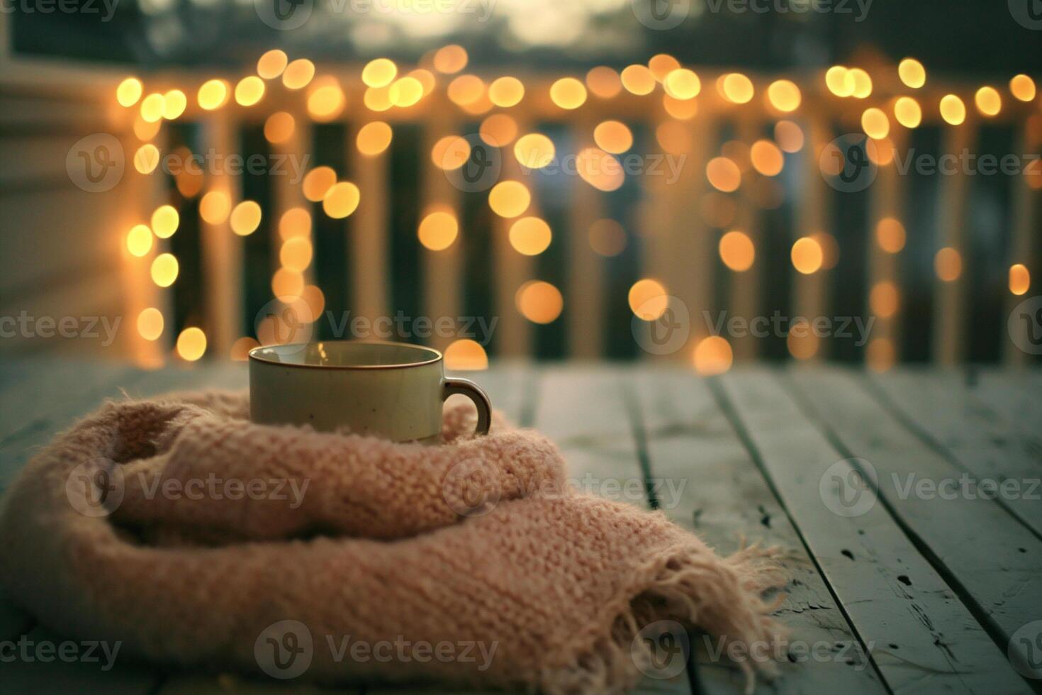 ai generado taza de café envuelto en un calentar de punto bufanda en un de madera terraza en el noche foto