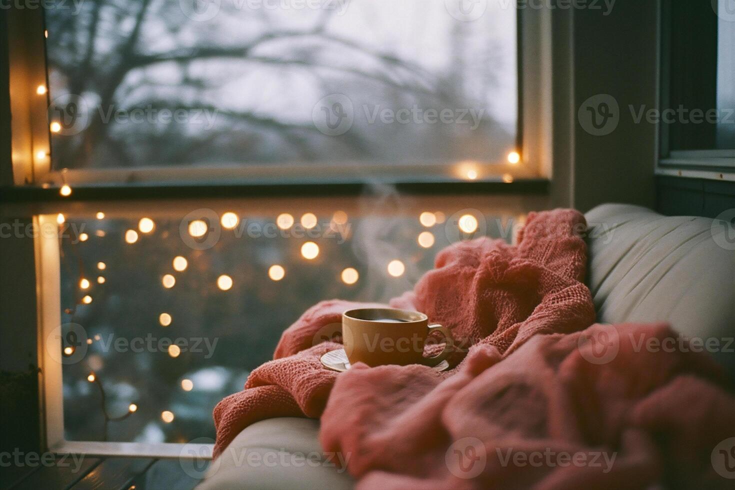 AI generated Cup of coffee with warm scarf on the windowsill in winter photo