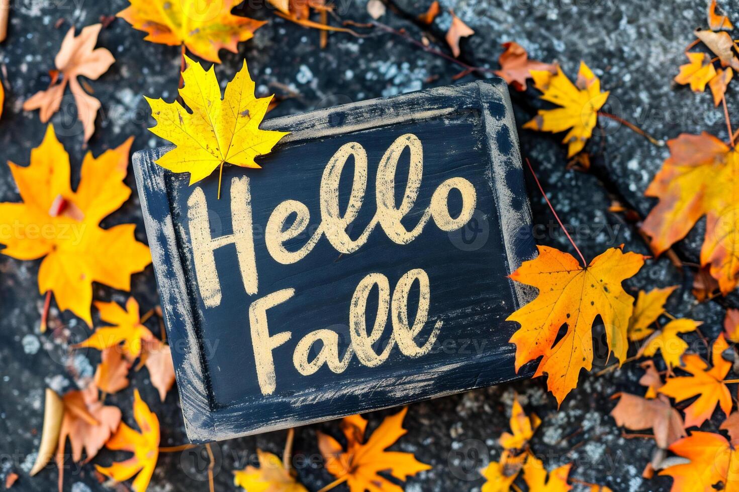 AI generated Hello Fall written on a chalkboard with autumn leaves. Autumn background photo