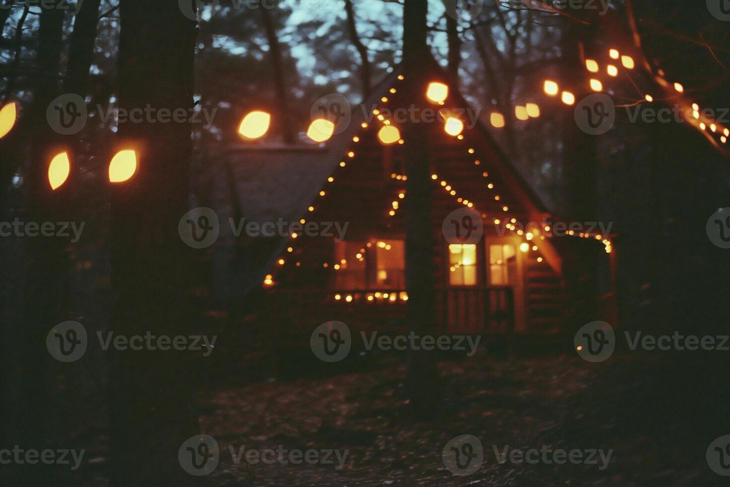 AI generated Christmas lights in a wooden house in the forest in the evening. photo