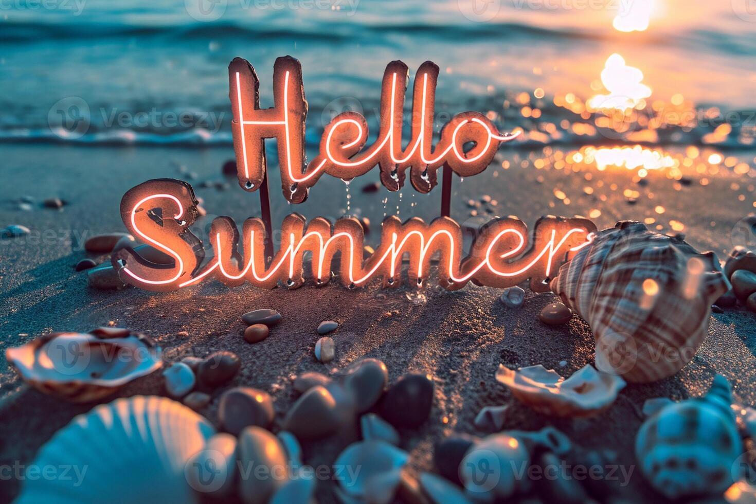 AI generated Hello Summer hand lettering on the beach with shells and sunset background photo