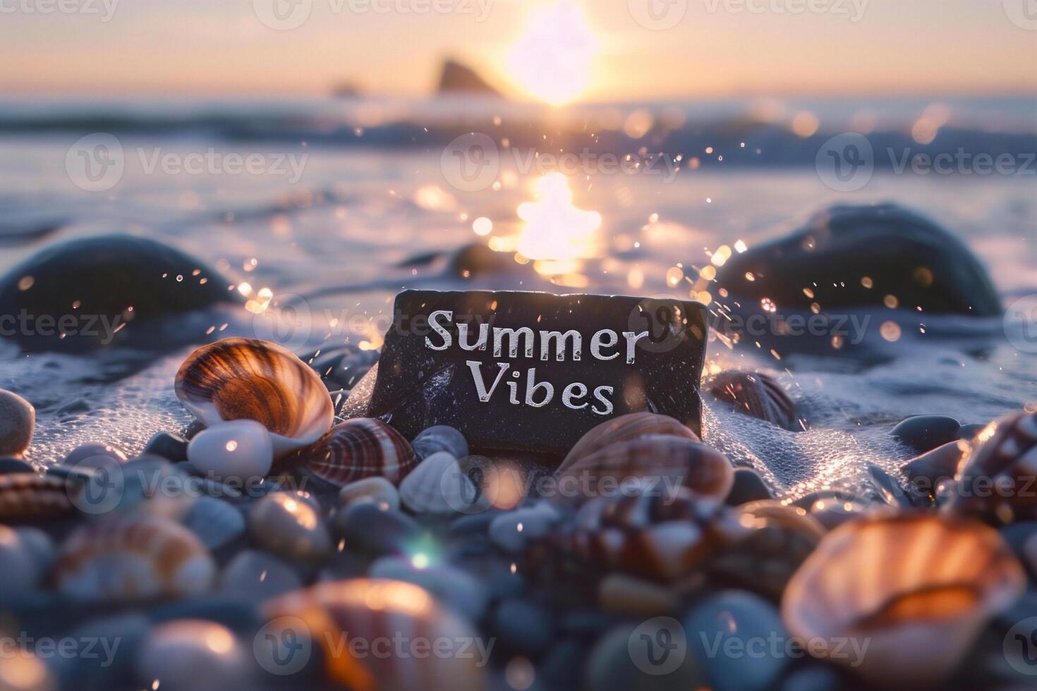 ai generado verano vibraciones firmar en un playa con mar conchas y piedras a puesta de sol foto