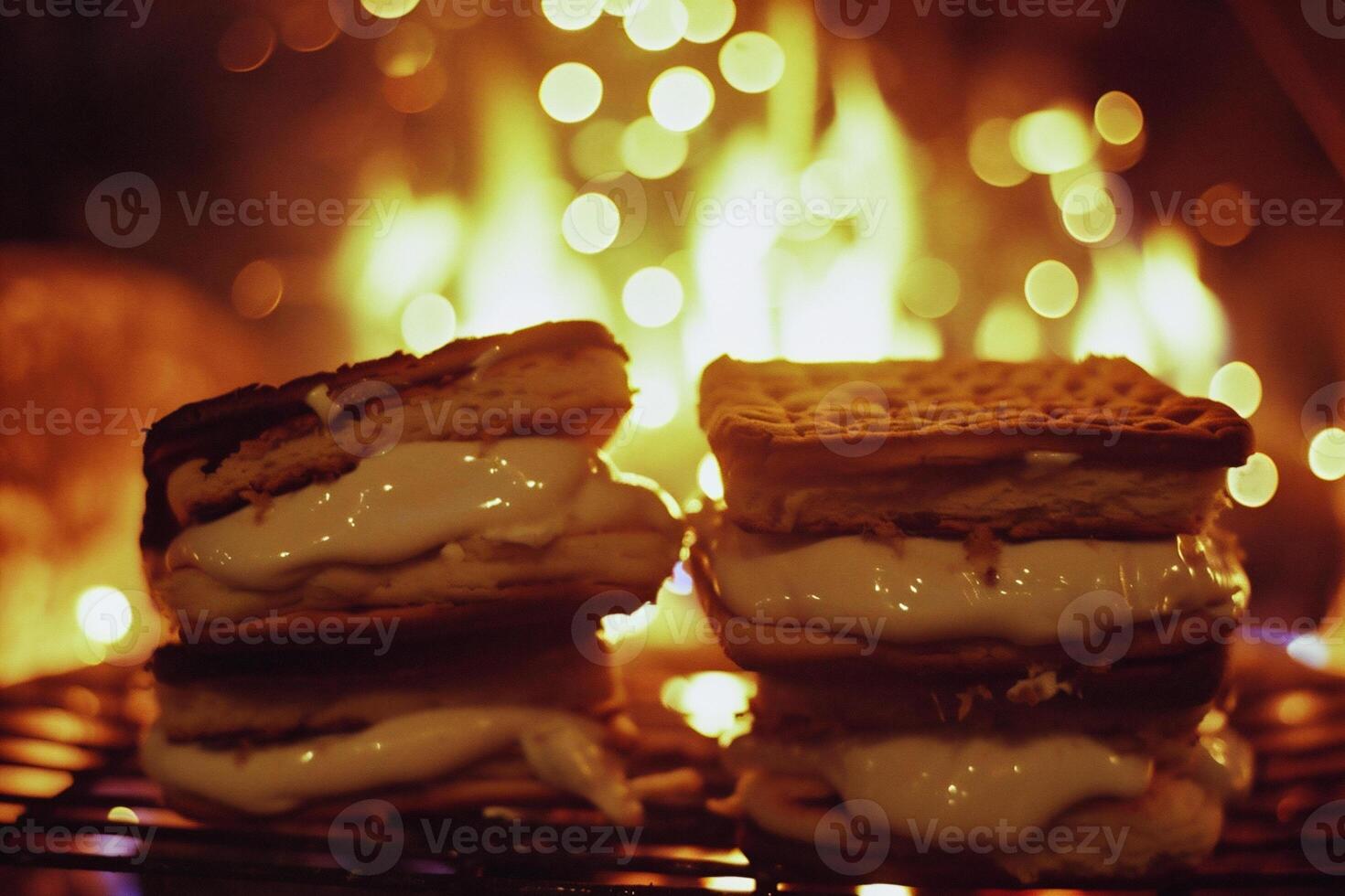 ai generado apilar de delicioso chocolate galletas y Malvaviscos en mesa, de cerca foto